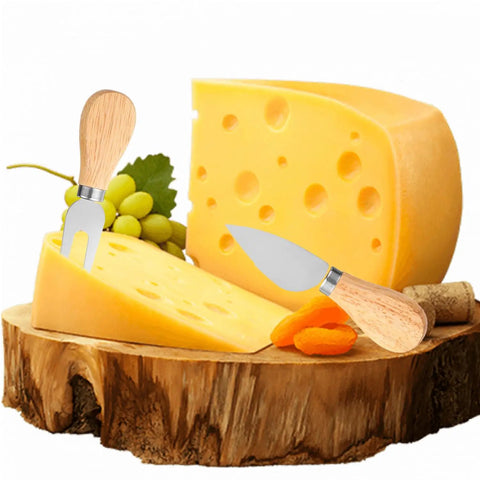 Professional Wood Cheese Slicer And Cutting Board Set Featuring Four Adjustable Wire Blades For Effortless Hard And Soft Cheese Slicing A Top Shelf Kitchen Essential That Makes Food Prep Hit Different with cheese and utensils on wooden board.