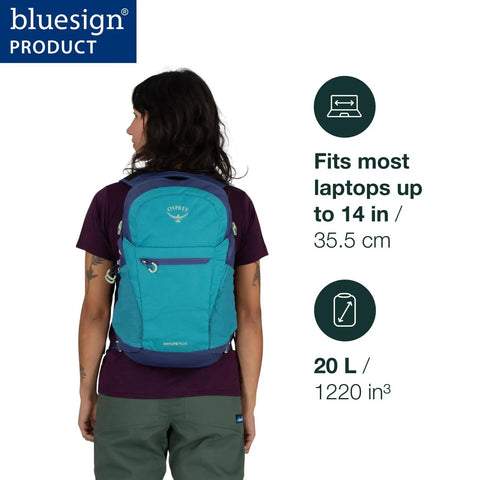 Person wearing blue Daylite Plus Commuter Backpack Lightweight Everyday Carry For Work School And Travel With Padded Laptop Sleeve