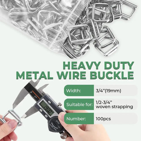Kickass 100 Pack Three Quarter Inch Steel Wire Buckles For Woven Cargo Straps With Heavy Duty Load Rating And Reusable Quick Release Design For Securing Truck Gear, shown with caliper measuring size.