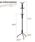 Freestanding Coat Rack With Twelve Hooks, Standing Coat Tree And Hat Hanger, Black Finish, 71.5 Inches Tall, Size Diagram