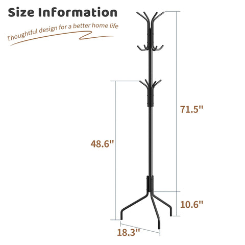 Freestanding Coat Rack With Twelve Hooks, Standing Coat Tree And Hat Hanger, Black Finish, 71.5 Inches Tall, Size Diagram
