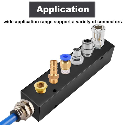 Aluminum Air Manifold Block For Compressors, 6 Port Or 8 Port Inline Pneumatic Distribution shown with connectors