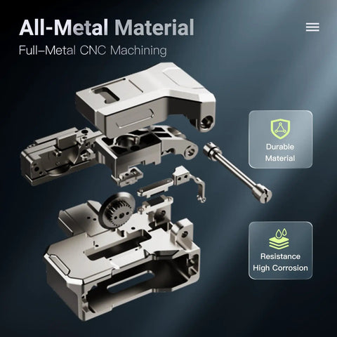 Rock Solid Optical Fiber Cleaver Cuts 250 Micron To 3 Mm Cable Lines Like Butter No Fuss One Step Press Design Yields 72000 Razor Scores For Telecom Techs Demanding Foolproof Splices Daily, showing all-metal material and precision CNC machining.
