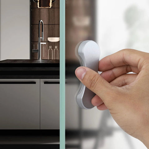5 Pack Stick On Cabinet Handles And Drawer Pulls Three And One Quarter Inch Gray No Drill Self Adhesive in use on glass door