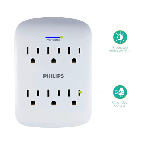 Six-Outlet Surge Protector Wall Tap With 900 Joules Of Protection, Three Prong, Space Saving Compact Design, Indicator LED