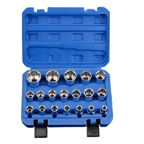 Must Have Heavy Duty 12 Point Socket Wrench Kit With Locking T Torx Hex Splined Bits And Storage Box For Rusty Bolt Repair Jobs That Save Time And Effort On Any Vehicle Or Garage Project Today open blue case with chrome sockets
