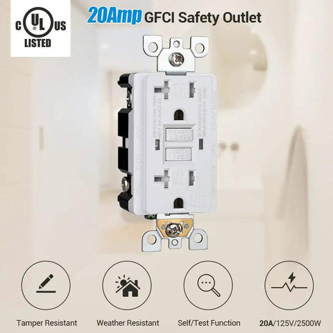 5 Pack GFCI Outlet 20 Amp Outdoor Weather Resistant Tamper Resistant UL Listed Backyard Ready With Self Test LED Indicator Thinner Design Wall Plate Included White Finish in a bathroom setting