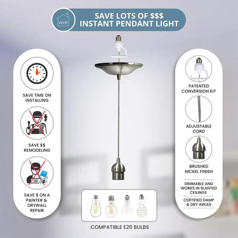 Original Instant Pendant Light 6 Inch Recessed Can Screw In Pendant Conversion Kit in Brushed Nickel, Adapter Only Bulb Not Included