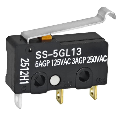 Built Tough Miniature Micro Switch SS-5GL13 with curved tip lever, 3-pin design, 5A 125VAC high precision mechanism for industrial use