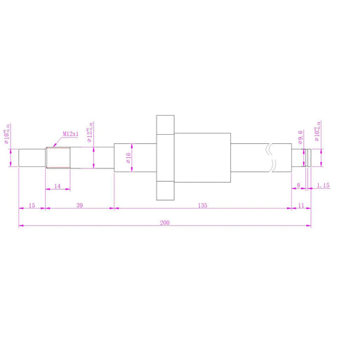 Technical drawing of Ball Screw SFU1605 16mm Diameter 5mm Pitch 200mm Total Length for CNC machines with dimensions and specifications.