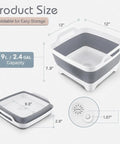 2.4 Gallon Collapsible Dish Basin with Drain Plug for Camping, RV, and Outdoor Use, dimensions and drain details shown