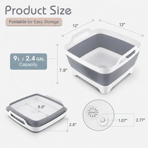 2.4 Gallon Collapsible Dish Basin with Drain Plug for Camping, RV, and Outdoor Use, dimensions and drain details shown