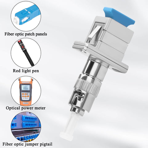 Hybrid Fiber Optic Adapter ST Male To SC Female, Plug And Play Singlemode 9/125 Micron shown with related tools