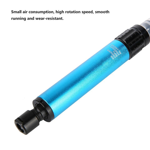 Pro Grade Pneumatic Grinding Pen And 35000 RPM Air Die Grinder For Molds Metal Castings Glass Resin Projects And Rubber Tires Featuring Kickass High Speed Power Output And Zero Hassle Care close-up of blue grinding pen showing nozzle and body features.
