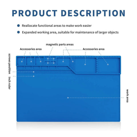 Blue Pro Grade Heat Insulation Silicone Repair Mat With Built In Scale Ruler Magnetic Parts Pockets 22 by 14 inch pad