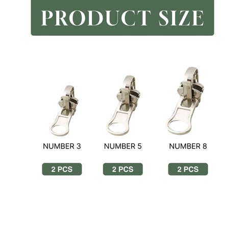 Heavy Duty Beefed Up Zipper Repair Kit With Three Size Double Sided Sliders And Pulls For Jackets Luggage And Outdoor Gear No Sew Quick Fix Durable Resin Replacement For Bags displayed in sizes Number 3, 5, 8.