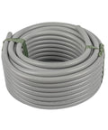 Super Flexible Liquid Tight PVC Conduit For Tough Electrical Wire Shielding Gray Half Inch 100 Foot Long stacked in a coil.