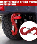 Heavy Duty Quick Release S Hook Tow Shackle 3 Eighths Inch Built Tough For Off Road Recovery 33000 Lbs Break Strength 11200 Lbs Working Load SUV ATV Pickup Truck Trailer Ready For Any Terrain And Heavy Haul red tow shackle on SUV rear recovery point