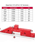 Top Tier Dead Nuts Precise 8 Piece 6061 T6 Aluminum Setup Blocks Pro Grade Woodworking Gauge Set with size measurements in a chart.