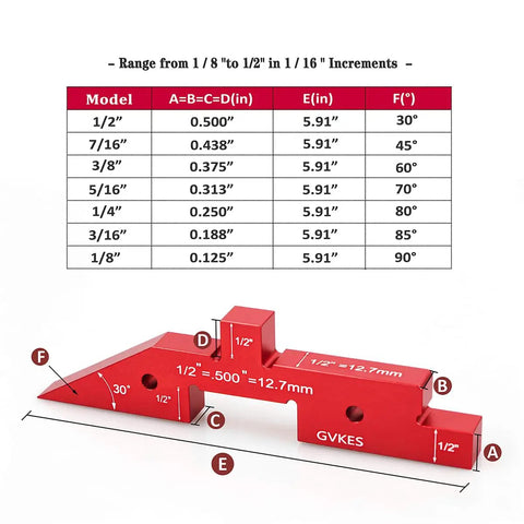 Top Tier Dead Nuts Precise 8 Piece 6061 T6 Aluminum Setup Blocks Pro Grade Woodworking Gauge Set with size measurements in a chart.