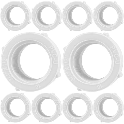 Bulk 10 Pcs PVC Pipe Fittings Set Male To Female Thread Reducer Bushings Three Quarters Inch To One Half Inch White High Density PVC