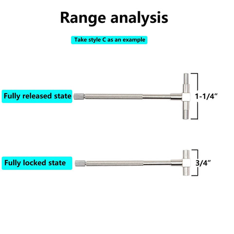 Telescoping bore gauge with T-handle, knurled steel, two-state illustration showing released and locked positions