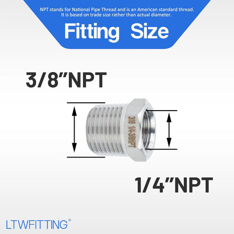 Pro Grade Stainless Steel 316 Hex Bushing Reducer Fittings Three Eighths Inch Male To One Quarter Inch Female NPT shown