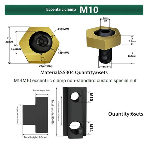 Hexagonal Eccentric Fixture Clamps Set Stainless Steel Workholding Clamps With Nuts For Thread M4 To M16, diagram view.