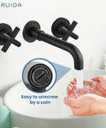 Solid Brass Widespread Wall Mount Bathroom Faucet With 360 Degree Swivel Spout Matte Black Finish Double Cross Handles Rough In Valve Wall Mounted Lavatory Sink Mixer Tap For Vanity 8 Inch Centers Built Tough For Everyday Use showing water flow into hands
