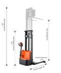 Top Shelf 98 Inch Max Lifting Height Full Electric Walkie Stacker With Straddle Legs showing dimensions and features for warehouse use.