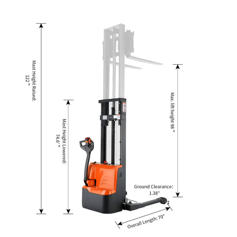 Top Shelf 98 Inch Max Lifting Height Full Electric Walkie Stacker With Straddle Legs showing dimensions and features for warehouse use.
