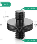 Rock Solid 1/4 Inch Male To Male Threaded Tripod Screw Adapters showing black aluminum alloy design and dimensions.