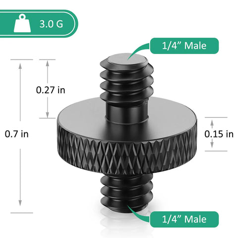 Rock Solid 1/4 Inch Male To Male Threaded Tripod Screw Adapters showing black aluminum alloy design and dimensions.
