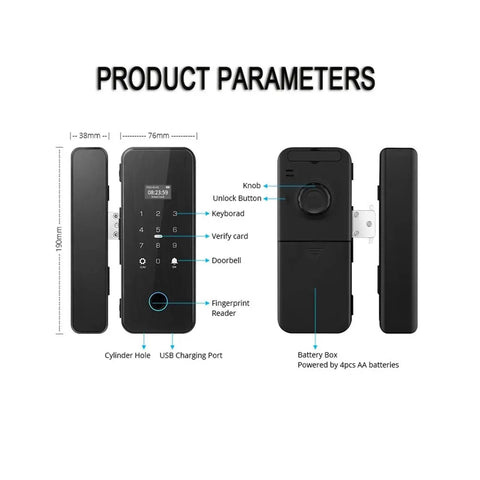 Straight Up Tuya WiFi Smart Fingerprint Lock For Wooden And Glass Doors With App Remote Control features, keypad, and fingerprint reader.