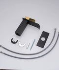 Matte Black Bathroom Faucet With Modern Waterfall Design, Single Hole Sink Faucet, parts layout with supply hoses and hardware