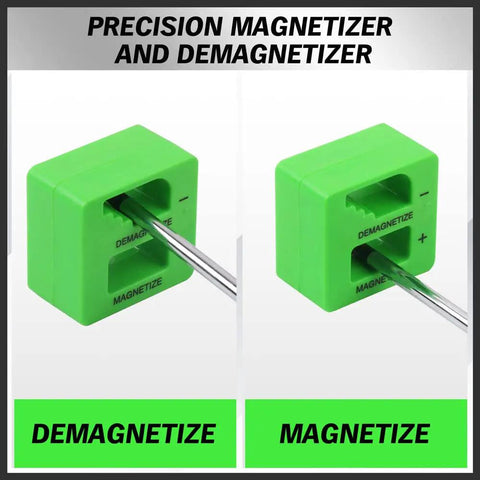 Close-up of green magnetizer and demagnetizer from 118-Piece Magnetic Screwdriver Set with indicator labels.