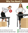 Woman using Heavy Duty Table Leg Extenders Providing Three Level Height Adjustable Folding Risers for ergonomic table height.