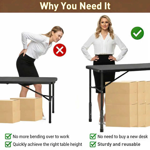 Woman using Heavy Duty Table Leg Extenders Providing Three Level Height Adjustable Folding Risers for ergonomic table height.