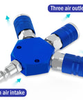 Workhorse 3 Way Air Manifold With 200 Psi Gauge, Aluminum Quick Connect Air Splitter, showing blue nickel-plated couplers and air outlets.
