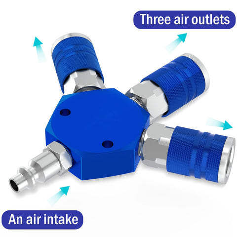 Workhorse 3 Way Air Manifold With 200 Psi Gauge, Aluminum Quick Connect Air Splitter, showing blue nickel-plated couplers and air outlets.
