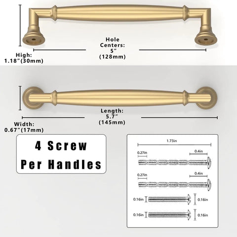 10 Pack Champagne Bronze Cabinet Pulls 5 Inch 128mm Solid Zinc Alloy Kitchen Cabinet Handles Drawer Pulls For Cabinets And Furniture Built To Last Easy Install Protective Individual Packaging with dimensions and screws.