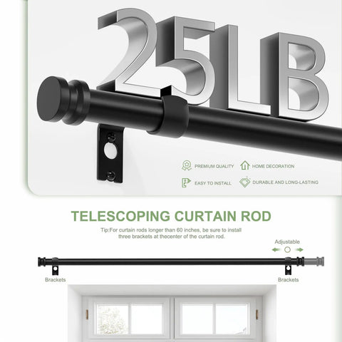 Heavy Duty All Metal Curtain Rod In Matte Black Adjustable From 18 To 45 Inches No Fuss Drapery Rod For Bedroom Kitchen Dorm Or Apartment Supports Up To 25 Lbs Modern Yet Classic Style displayed above a window with silver 25LB text