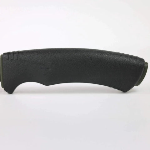 Close-up of the black ergonomic handle with finger guard on the Bushcraft Survival Fixed Blade Knife With Carbon Steel Blade Black DLC Coated 4.3 Inch Includes Sheath And Fire Starter Rugged Outdoor EDC Ready Tool For Camping Hiking Fishing And Wilderness Prep.