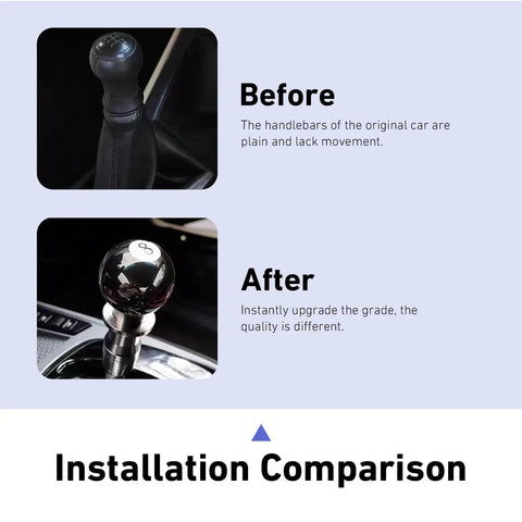 Before and after installation comparison of Classic 8 Ball Shift Knob For Manual Transmission Gear Shifter with smooth grip.