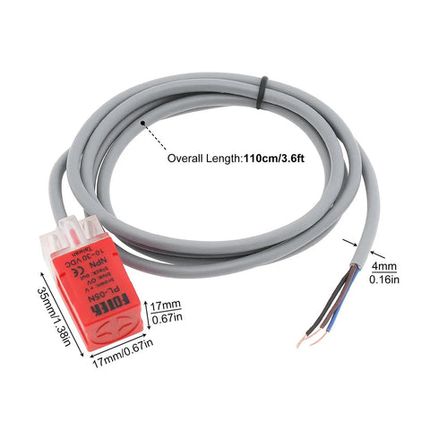 Two Pack PL-05N Inductive Proximity Sensor Switch with 1.1m cable showing measurements and NPN NO DC 10-30V specifications