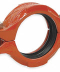 Bulletproof 4 Inch Ductile Iron Pipe Coupling Heavy Duty Grooved Connector 750 Psi Industrial Plumbing Clamp in orange with bolts.