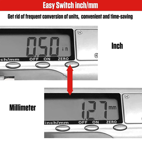Close-up of Digital Brake Rotor Caliper 6 Inch with LCD showing inch and millimeter conversion feature, stainless steel.