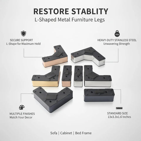L-Shaped Stainless Steel Furniture Leg Replacement for Easy Sofa, Cabinet, and Bed Frame Repair, Simple Install, 13 x 3.3 x 1.6 Inches