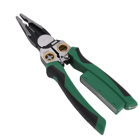 SASKATE 8 In 1 Wire Stripper Pliers With Voltage Tester Multi Functional Crimping Cutting Tool For Electrical Work High Carbon Steel with green grips.