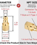 Diagram of 14 Piece Automotive Type C Quick Connect Air Fittings Kit dimensions showing diameter and 1/4 inch NPT size.